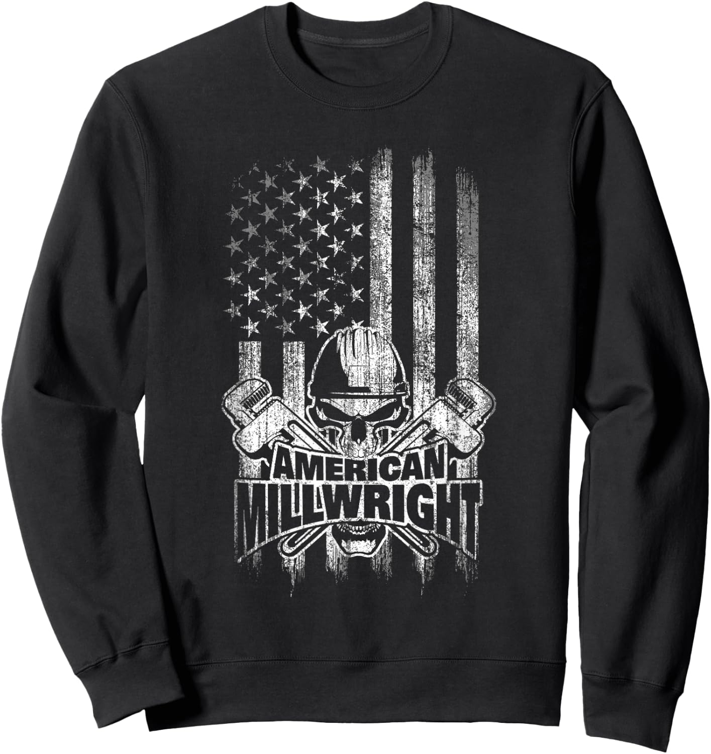 Millwright Skull and Wrenches American Flag Sweatshirt - Sweatshirt | Black