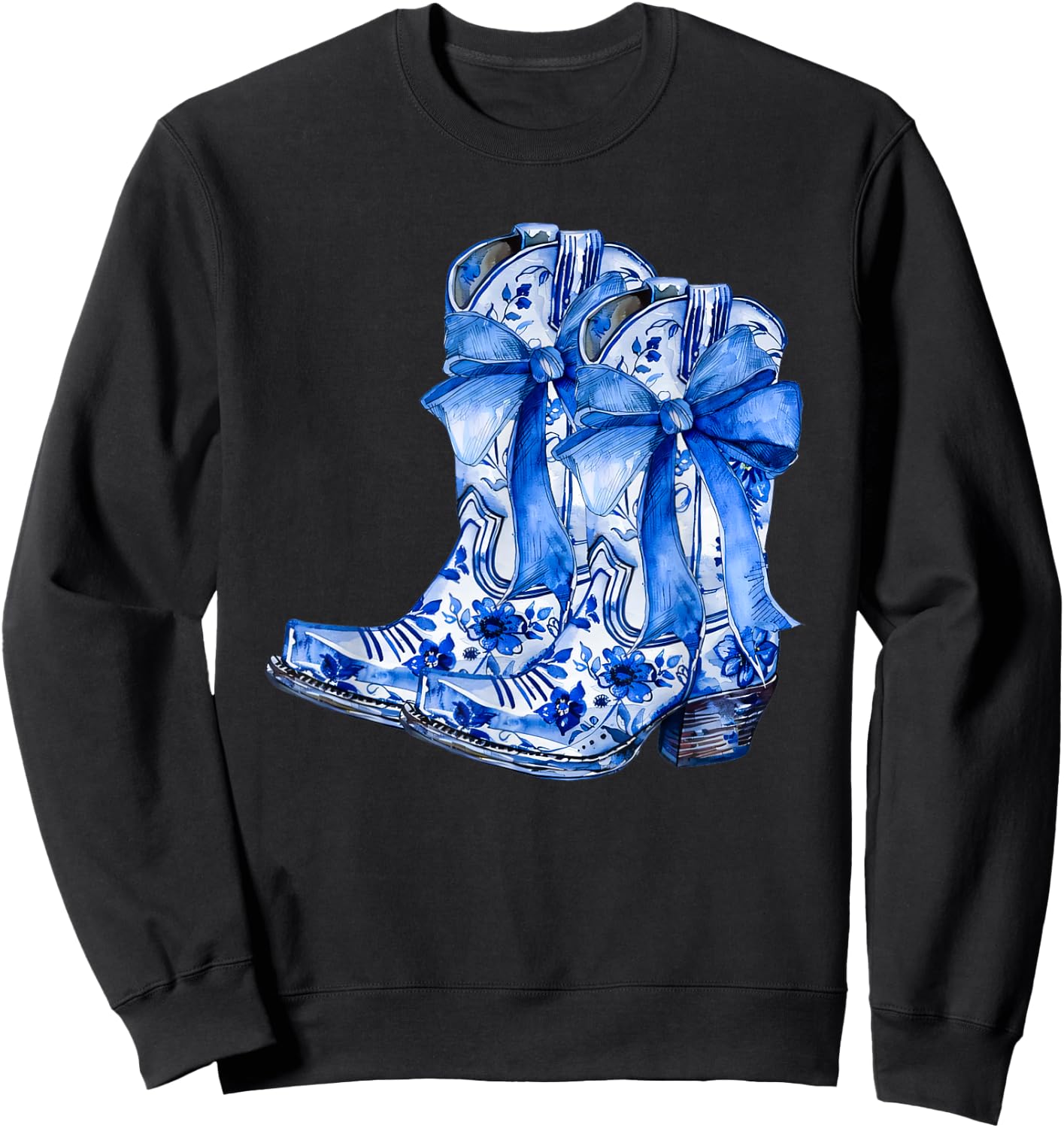 Boots Bow Coquette Coastal Cowgirl Blue Chinoiserie Floral Sweatshirt - Sweatshirt | Black