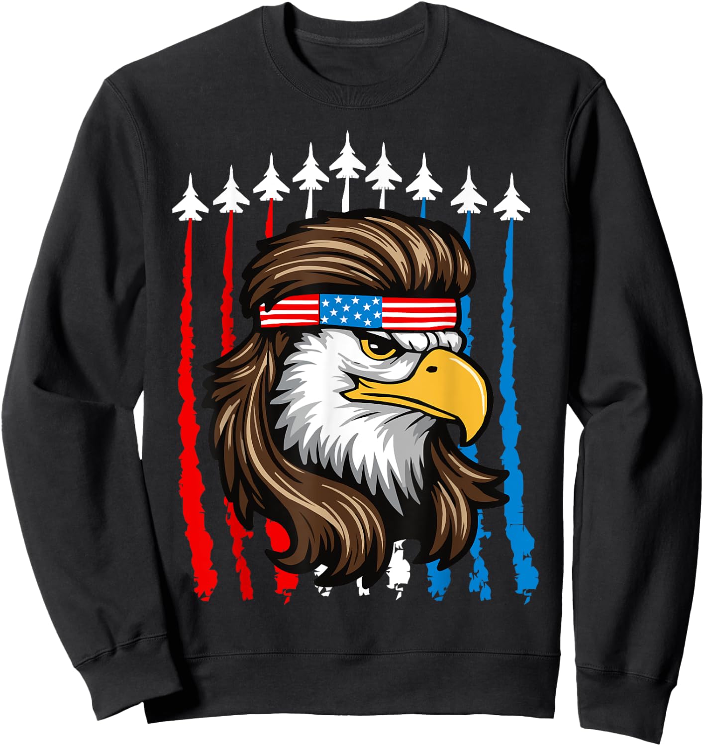 4th Of July Patriotic Bald Eagle Fighter Jet Merica USA Flag Sweatshirt - Sweatshirt | Black