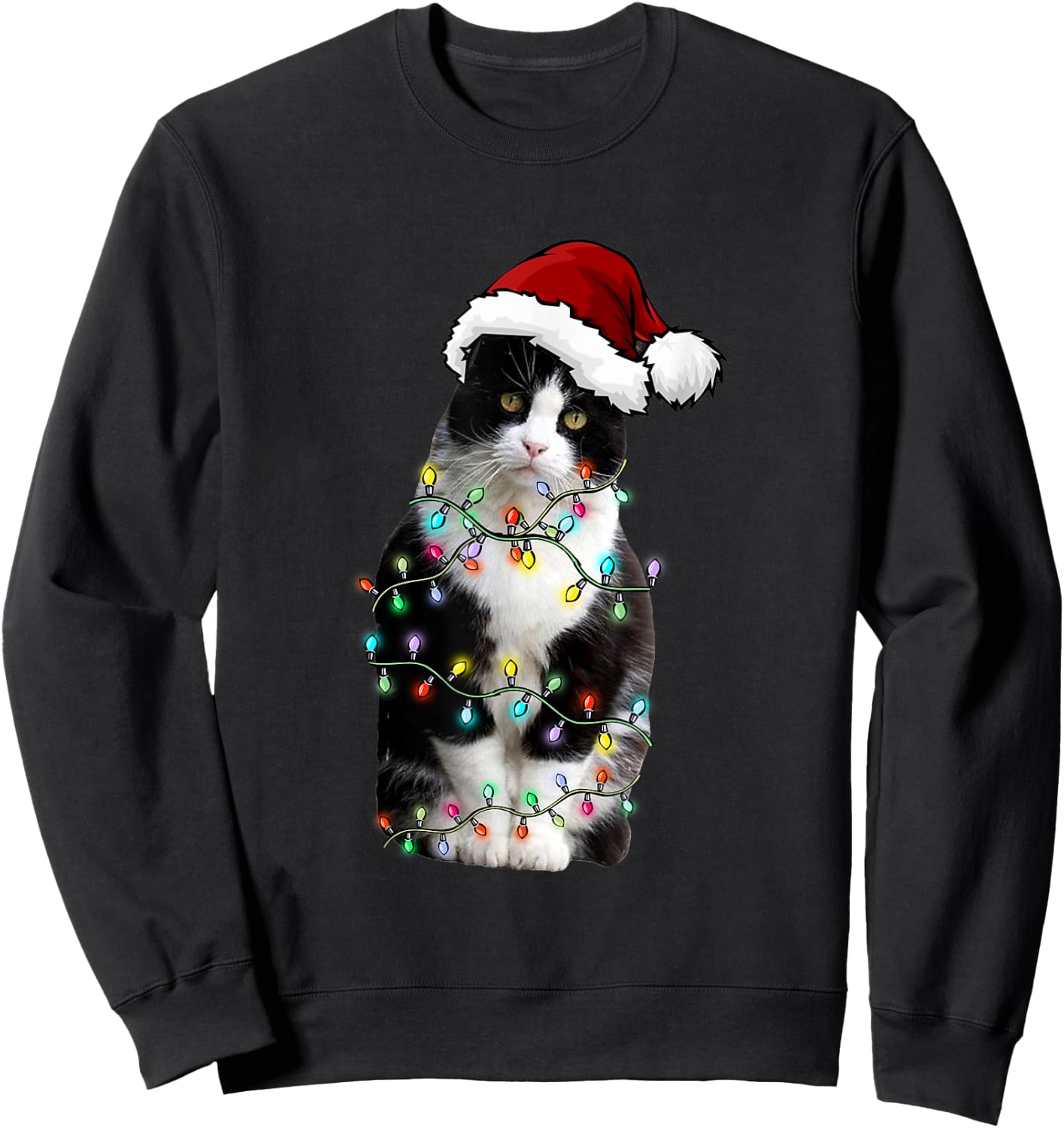Cute Tuxedo Black Cat Christmas Light Cat Christmas Pajama Men Women Kids Sweatshirt - Sweatshirt | Black