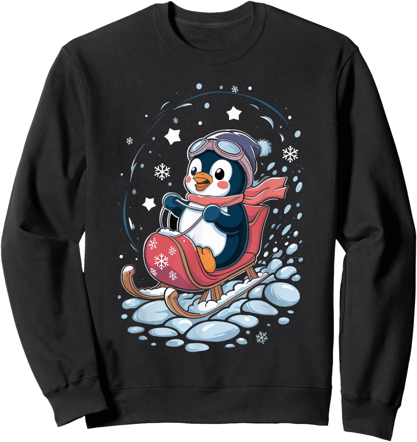 Penguin Snow Sledding Winter Cute Animal Sleigh Sled Sweatshirt - Sweatshirt | Black