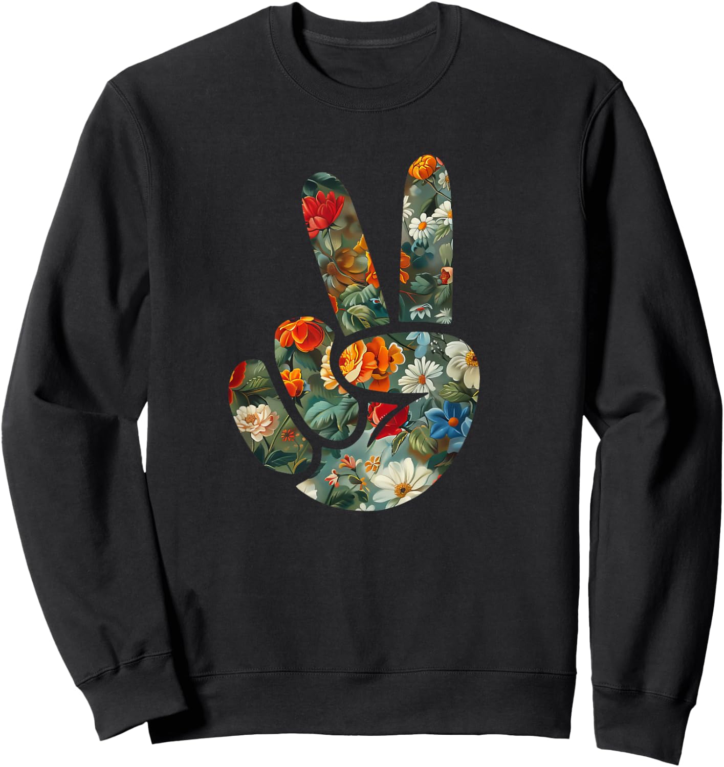 Elegant Silhouette Wildflowers Floral Peace Sign Hand Sweatshirt - Sweatshirt | Black