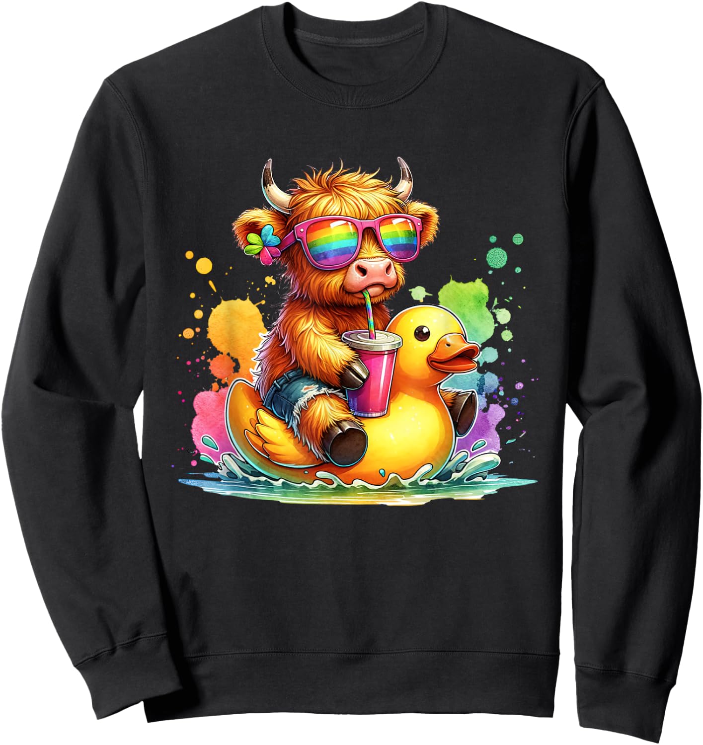 Cute Highland Cow Duck Pool Float Summer Vibes Swimming Sweatshirt - Sweatshirt | Black