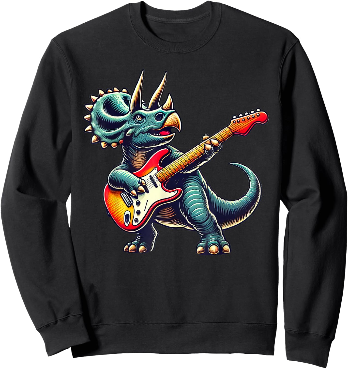 Triceratops Dinosaur Playing Guitar Musician Music Sweatshirt - Sweatshirt | Black