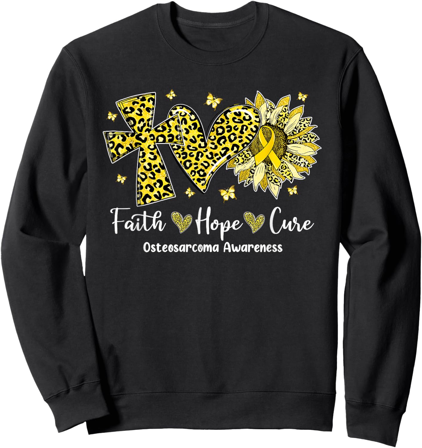 Faith Hope Cure Sunflower Leopard Osteosarcoma Awareness Sweatshirt - Sweatshirt | Black