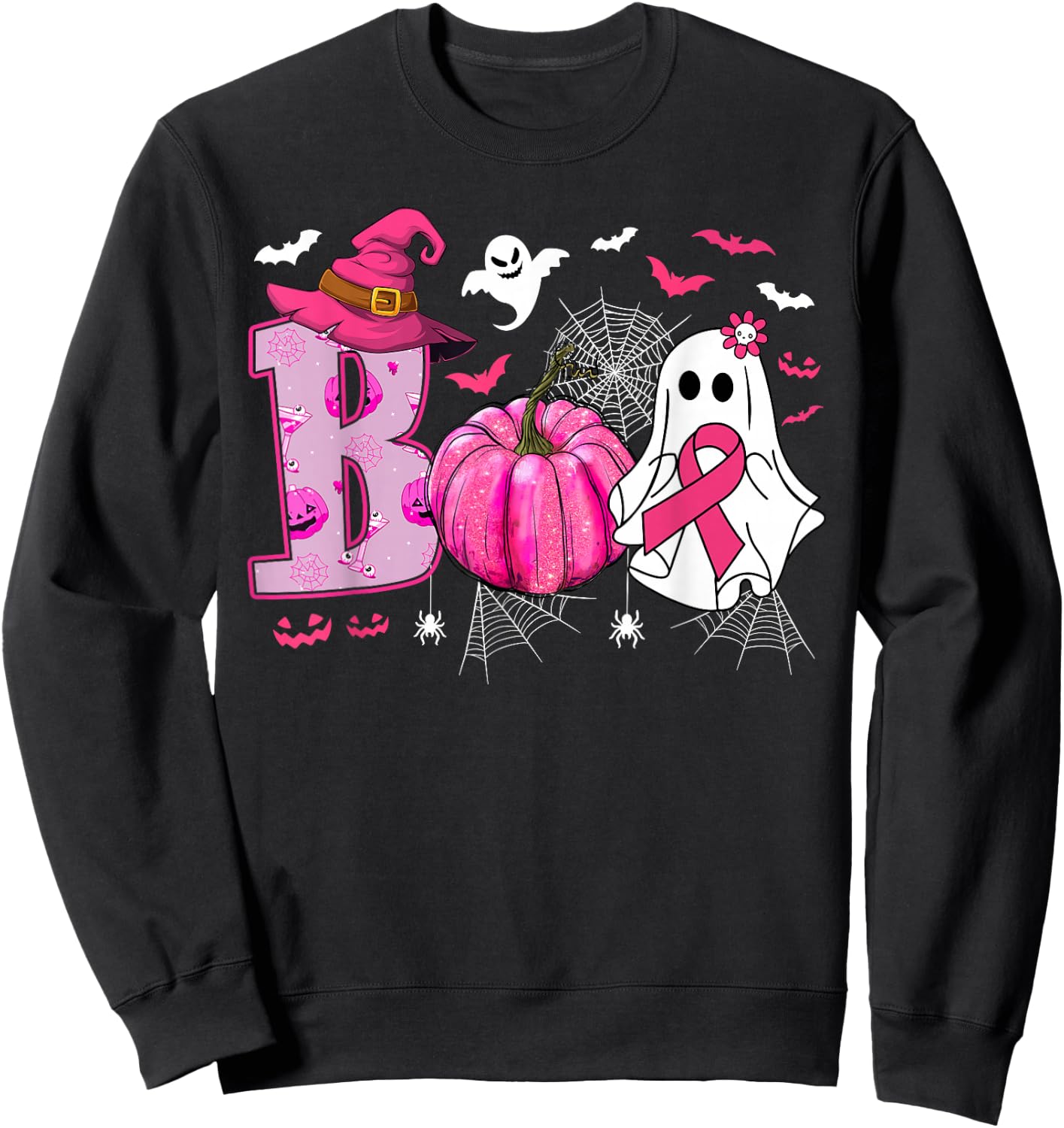 Breast Cancer Awareness Boo Ghost Halloween Women Kids Sweatshirt - Sweatshirt | Black