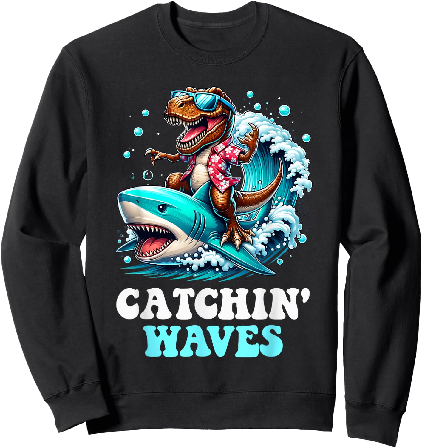 Catchin Waves T-Rex Dinosaur Riding Shark Surfing Wave Beach Women Kids Sweatshirt - Sweatshirt | Black