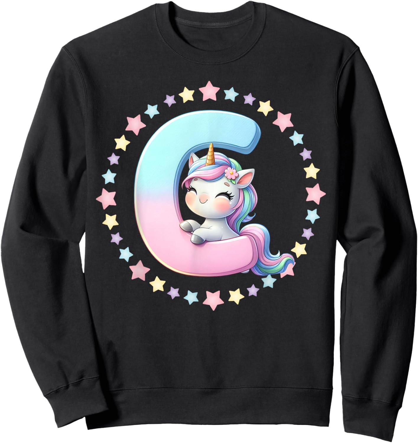 Unicorn Letter C Initial Rainbow Monogram Girls Kids Sweatshirt - Sweatshirt | Black