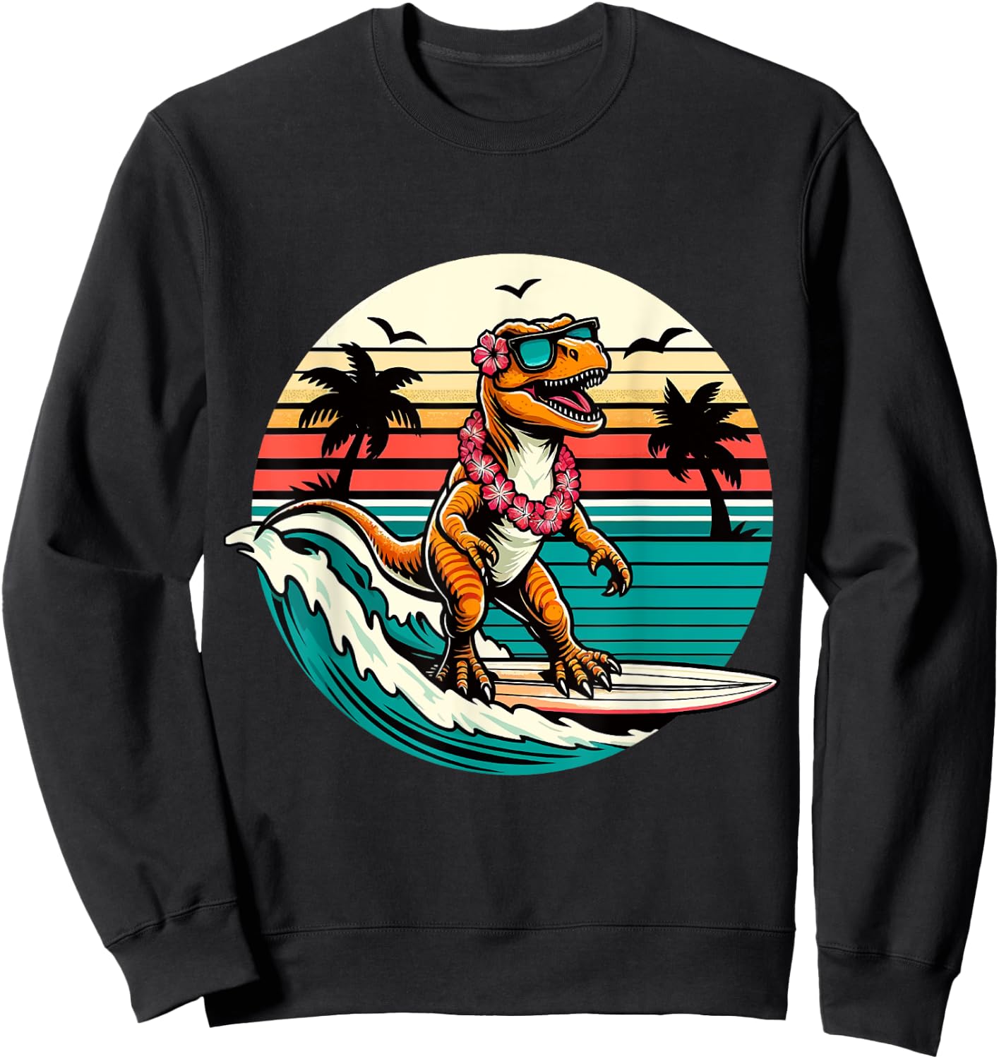 Funny Dinosaur Surfboard Beach Summer Surfing Trex Hawaiian Sweatshirt - Sweatshirt | Black