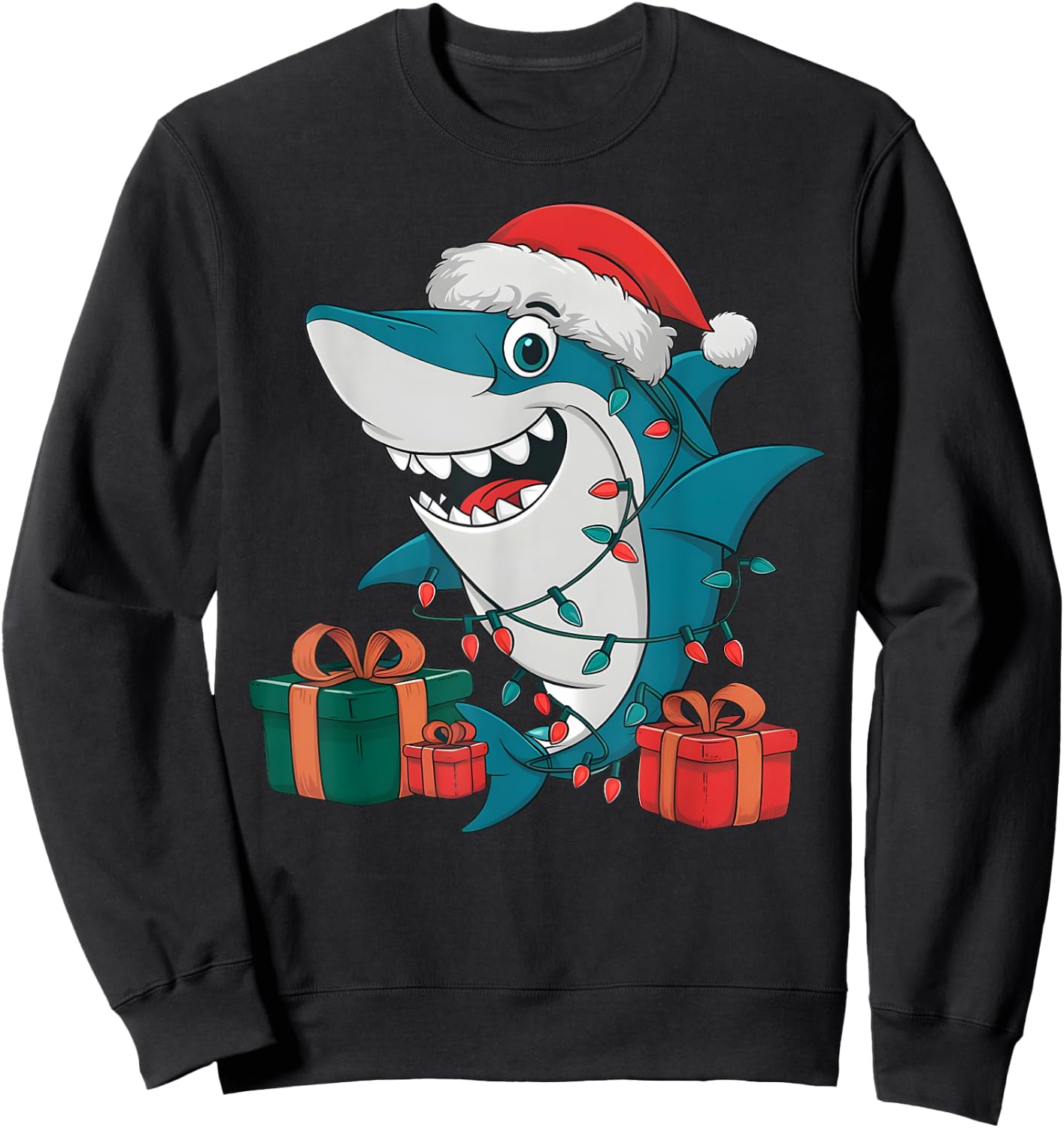 Xmas Lighting Santa Hat Shark Christmas Sweatshirt - Sweatshirt | Black
