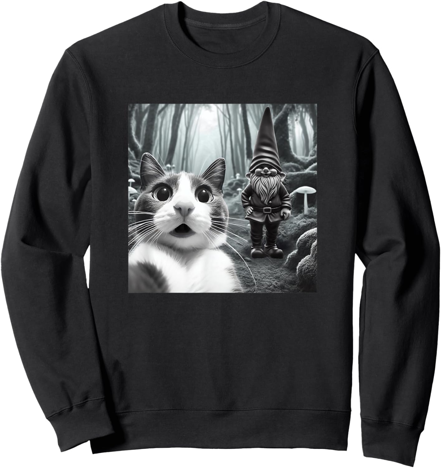 Funny Cat Selfie with Gnome Halloween Fall Christmas Women Sweatshirt - Sweatshirt | Black