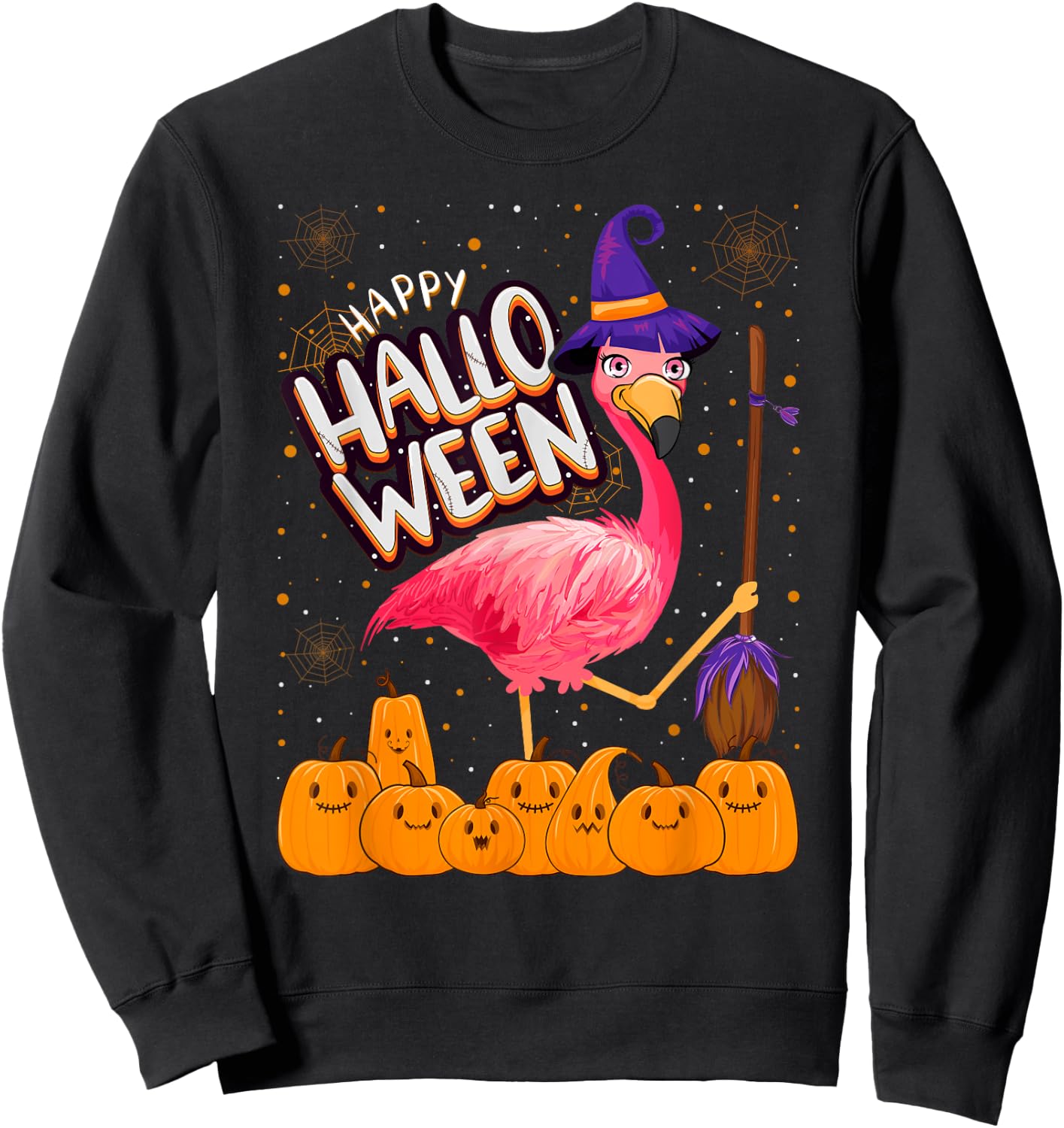 Happy Halloween - Flamingo Lover Witch Hat Pumpkin Halloween Sweatshirt - Sweatshirt | Black
