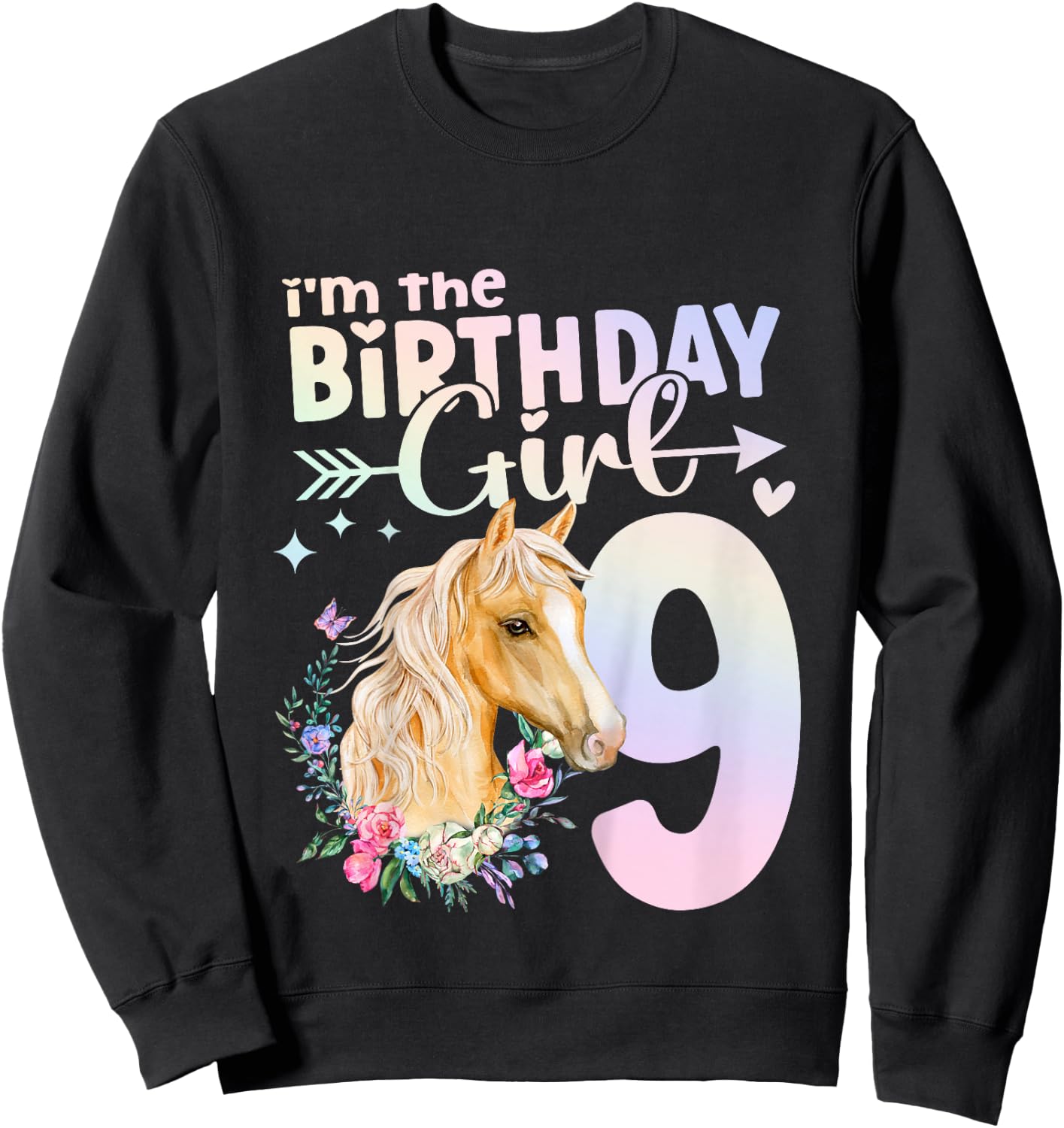 9th Birthday Horse Girl 9 Years Old Nine 9 Birthday Girl Sweatshirt - Sweatshirt | Black