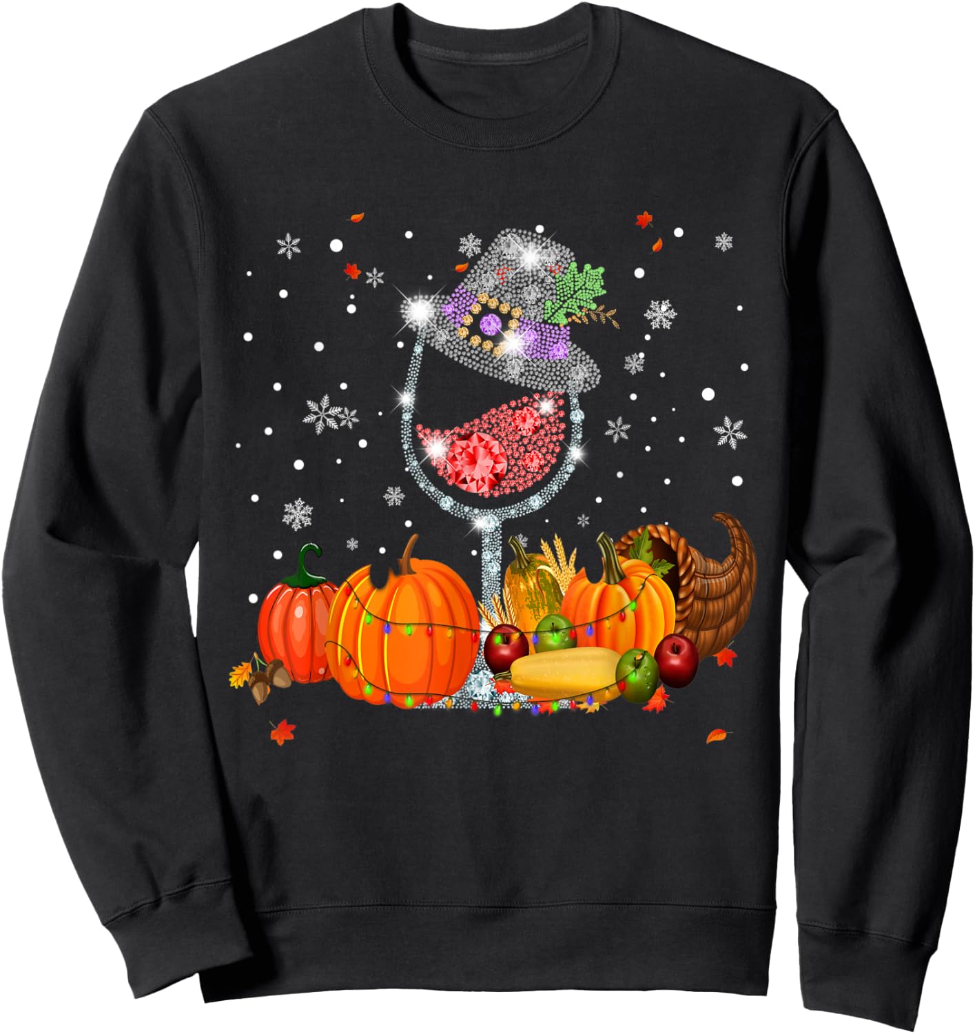 Glass of Wine Diamond Maple Leaf Autumn Fall Sweatshirt - Sweatshirt | Black