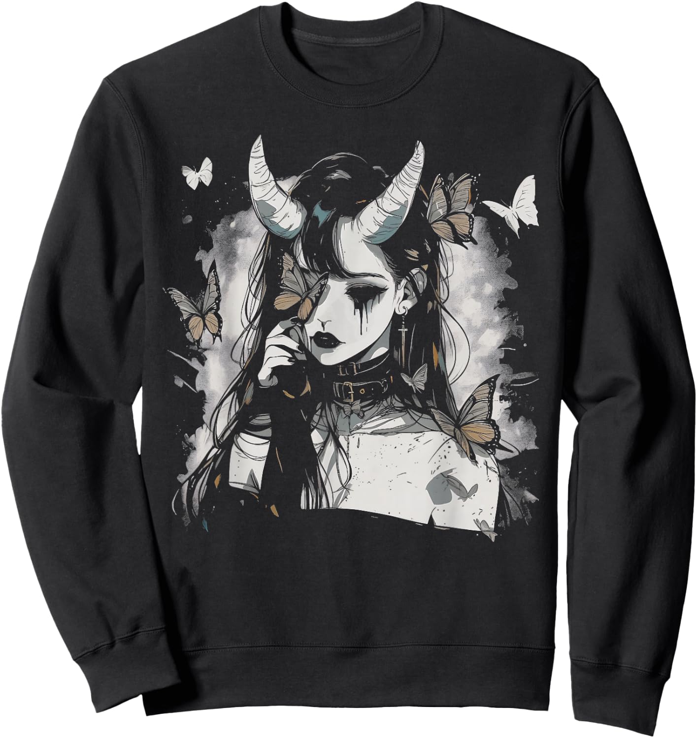 Butterfly Girl Sad Goth Anime Alt Alternative Art Aesthetic Sweatshirt - Sweatshirt | Black