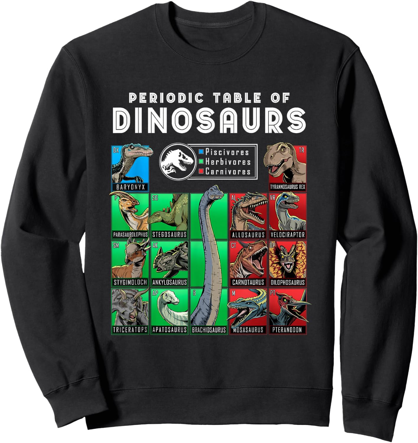 Jurassic World Neon Colorful Periodic Table Of Dinosaurs Sweatshirt - Sweatshirt | Black