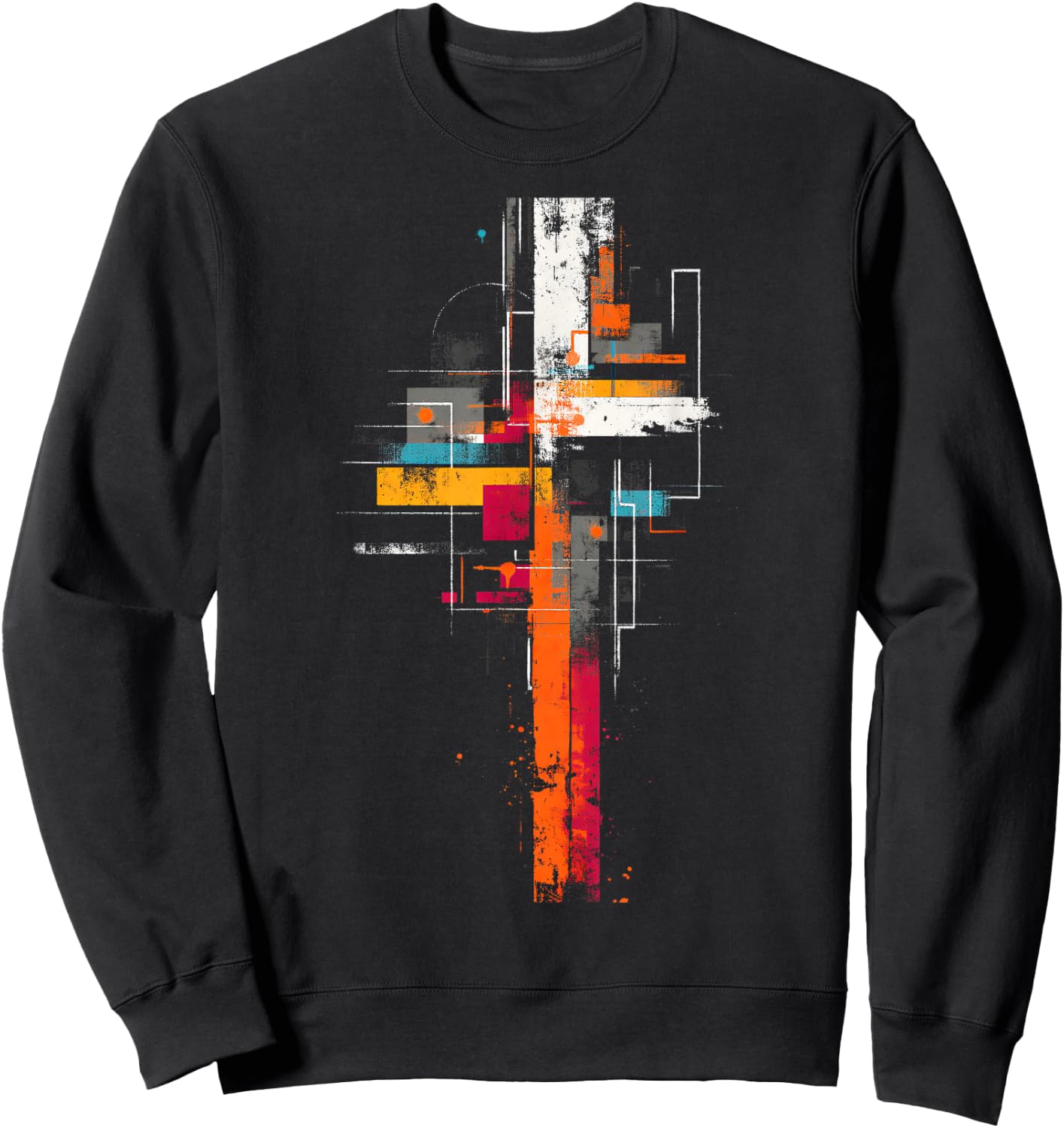 Grunge Abstract Geometric Cross, Orange Yellow Teal Graphic Sweatshirt - Sweatshirt | Black