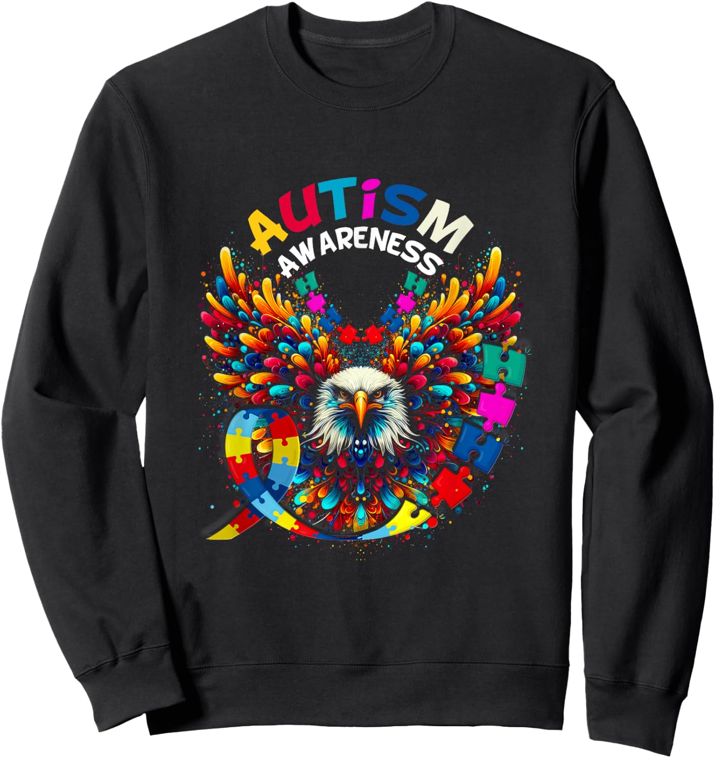 Autism Awareness Puzzle Pieces Eagle Family Health Support Sweatshirt - Sweatshirt | Black
