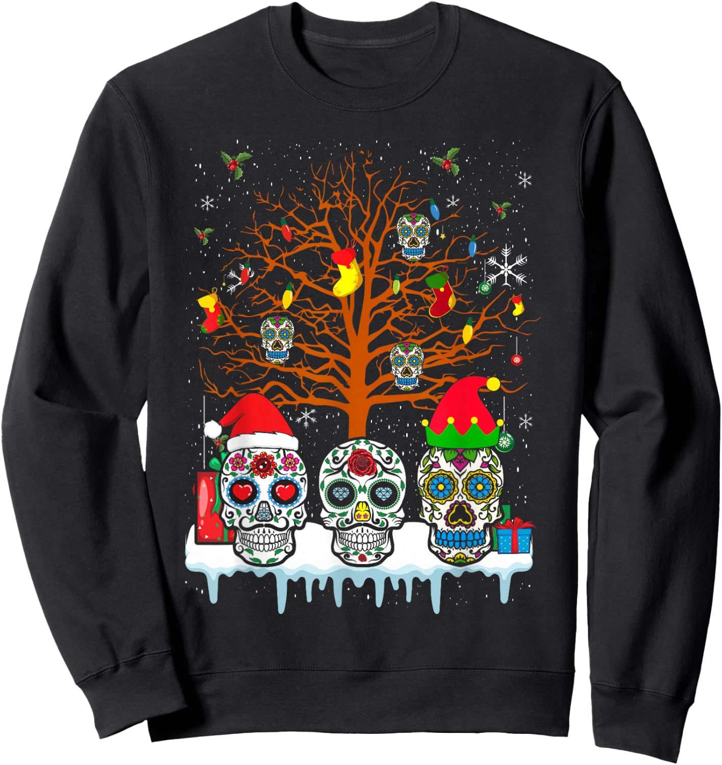 Christmas Sugar Skull On Tree Funny Santa Sugar Skull Sweatshirt - Sweatshirt | Black