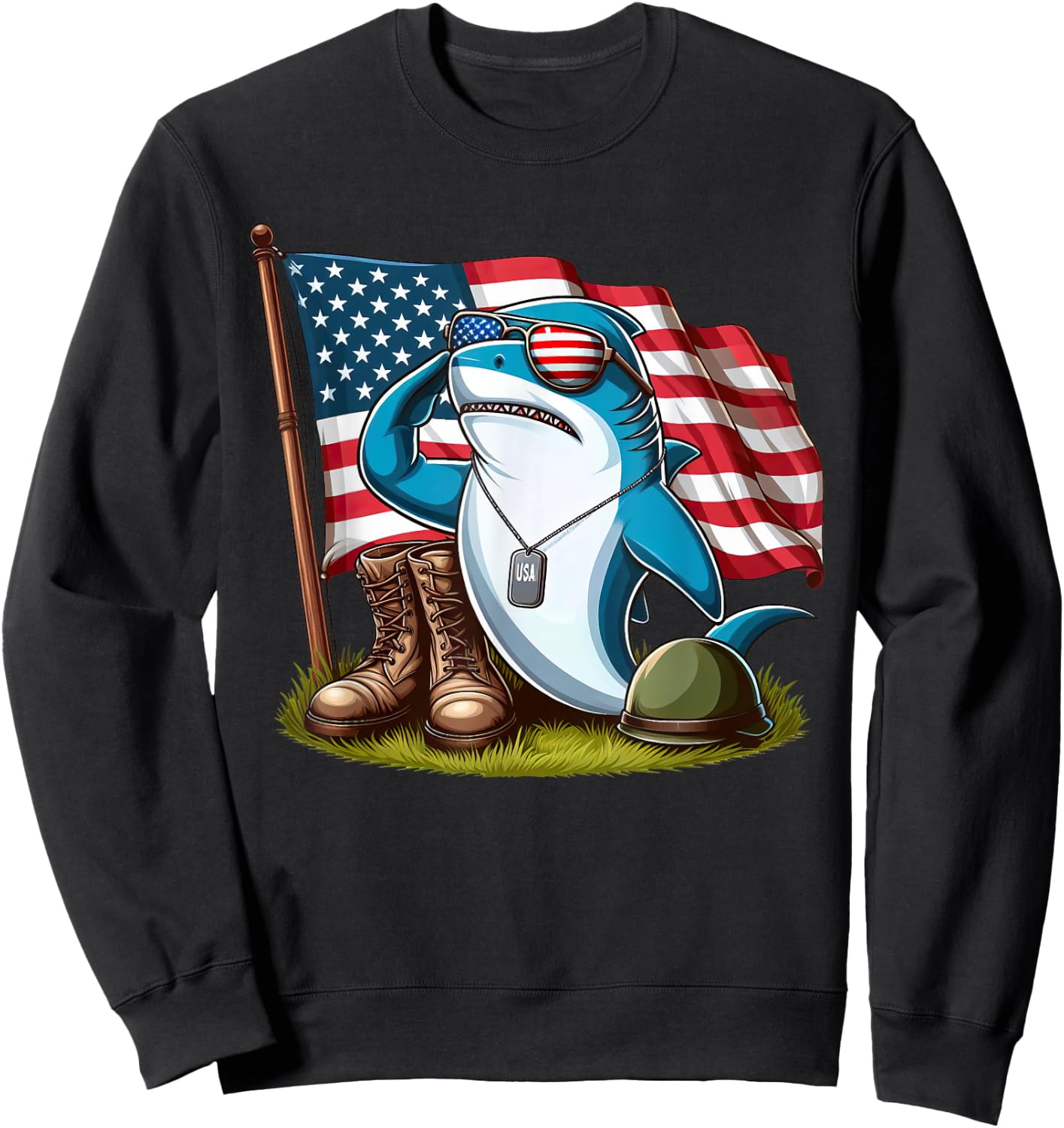 Salute Shark American USA Flag Memorial Day 4th of July Sweatshirt - Sweatshirt | Black