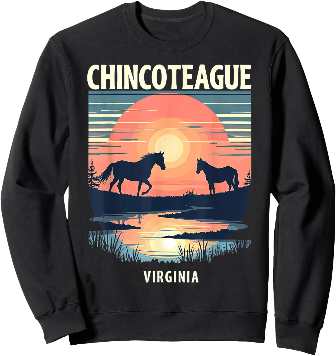 Retro Sunset Horse Silhouettes Chincoteague Virginia Sweatshirt - Sweatshirt | Black