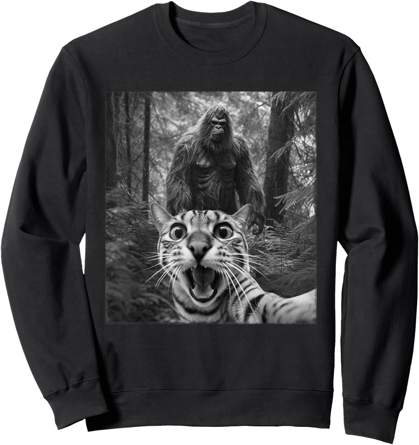 Surprised Scared Cat Selfie With Sasquatsch Bigfoot Meme Women Kids Sweatshirt - Sweatshirt | Black