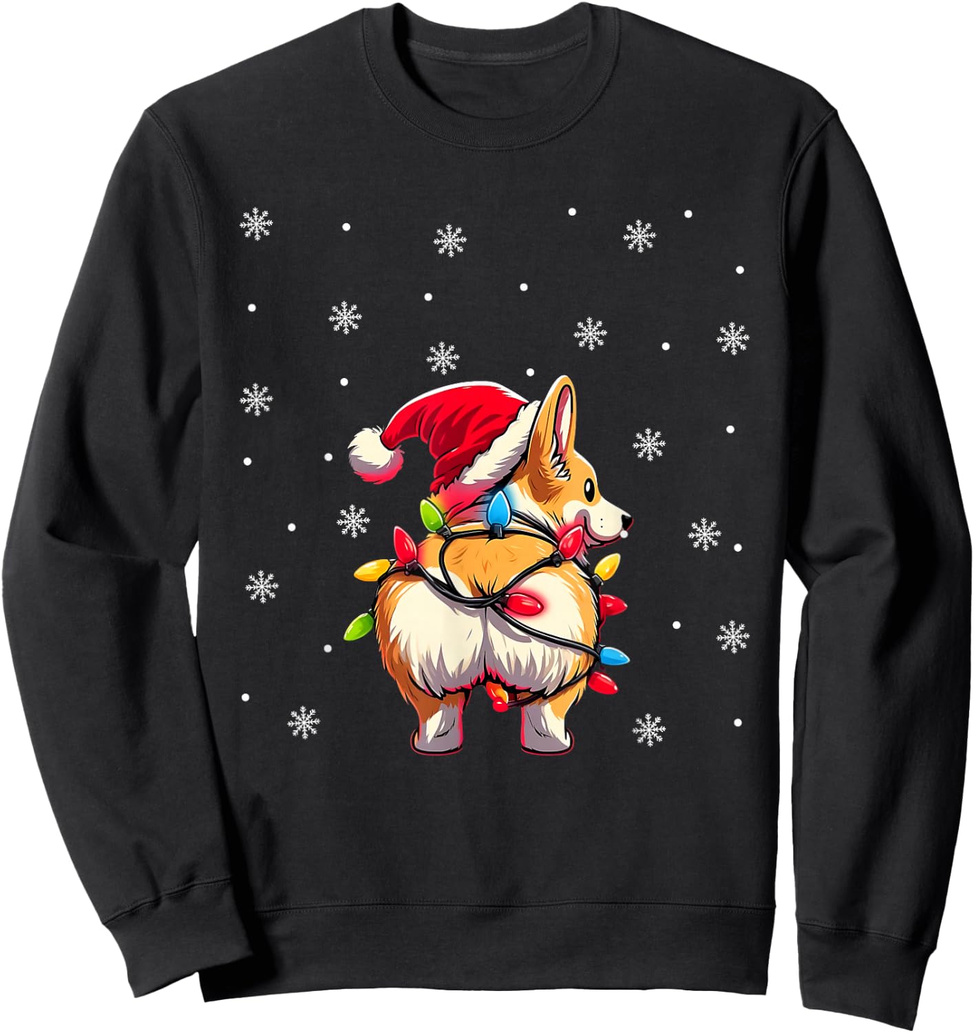 Corgi Butt Funny Santa Hat Christmas Snowflakes Lights Sweatshirt - Sweatshirt | Black