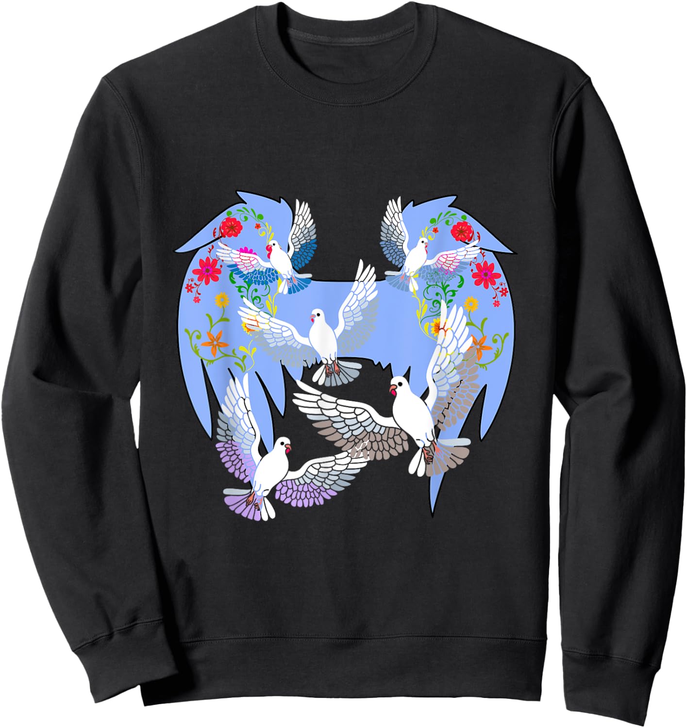 Angel Wings Doves Natural Flowers Peace Doves Peace Sweatshirt - Sweatshirt | Black