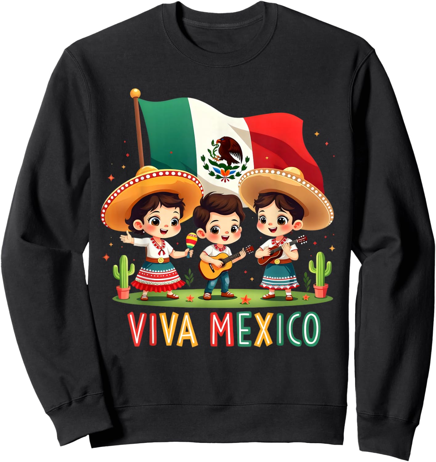 Viva Mexico Girl Boy Maracas Guitar Mexican Independence Day Sweatshirt - Sweatshirt | Black
