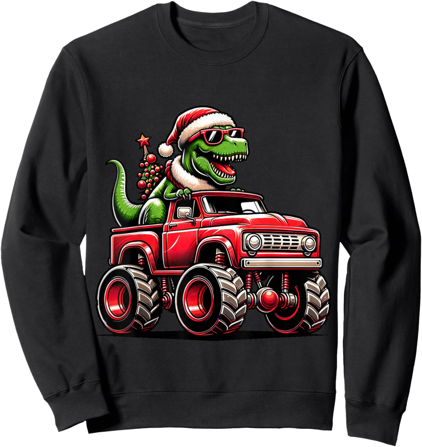 Christmas T Rex Monster Truck Boys Dinosaur Santa Xmas Funny Sweatshirt - Sweatshirt | Black