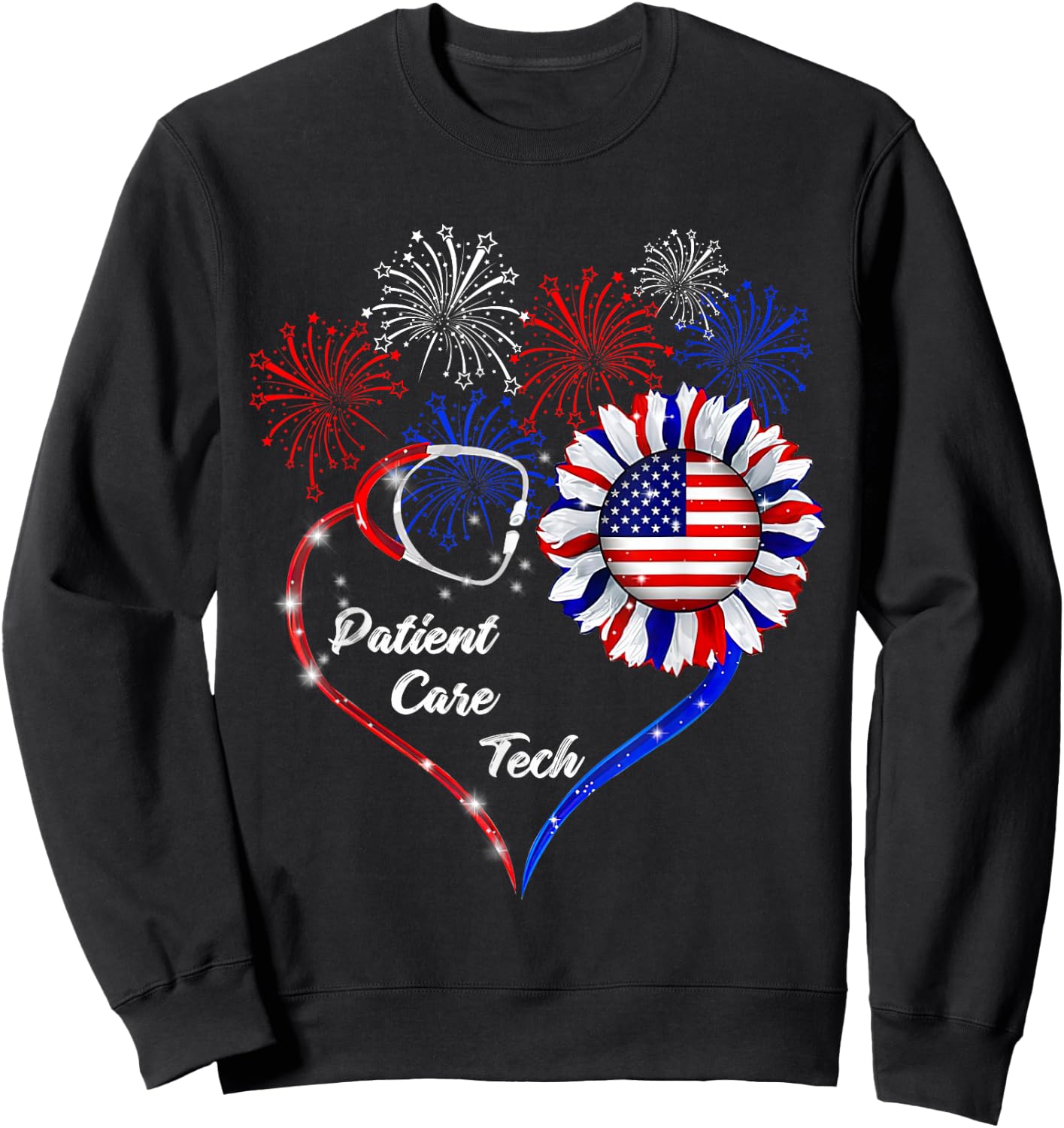 American Flag July 4th Firework Sunflower Patient Care Tech Sweatshirt - Sweatshirt | Black