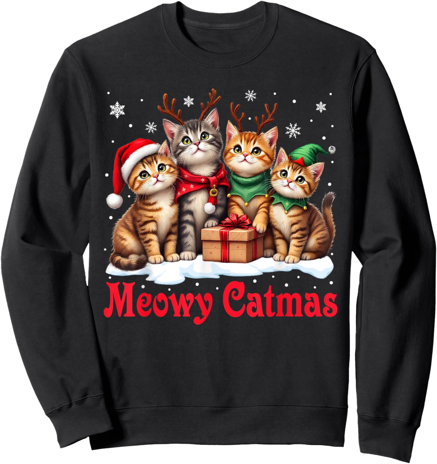 Christmas Pajamas Men Women Boys Girls Cats Meowy Catmas Sweatshirt - Sweatshirt | Black