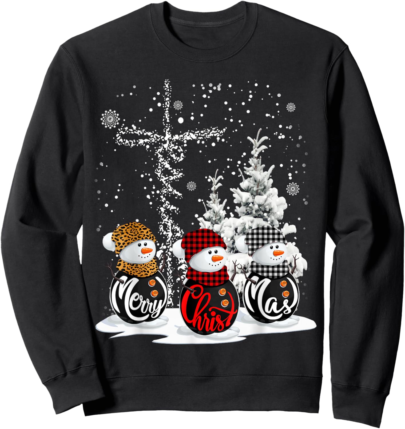 Merry Christmas Snowman Leopard Buffalo Red Plaid Men Women Sweatshirt - Sweatshirt | Black