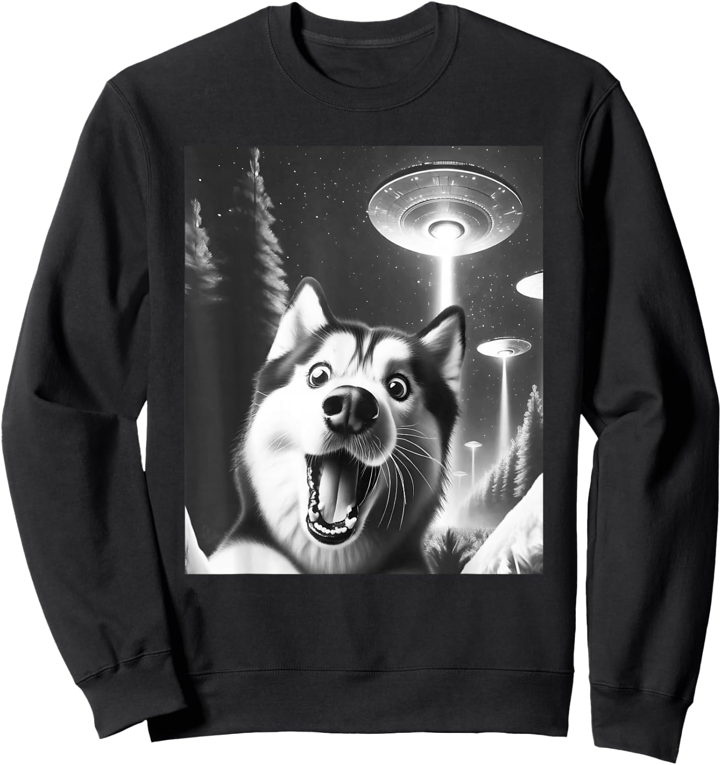 Funny Siberian Husky Alien UFO Taking a Selfie Dog Mom Dad Sweatshirt - Sweatshirt | Black