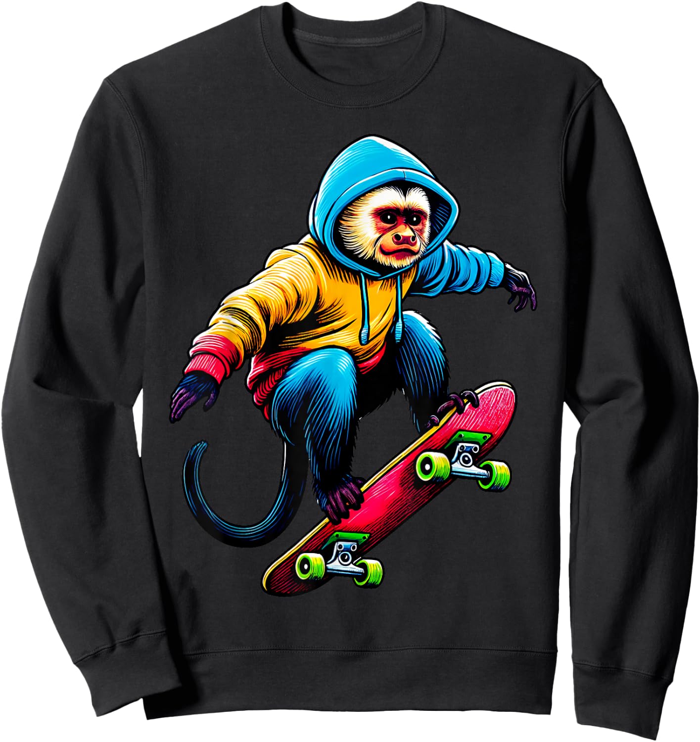 Cool Funky Capuchin Monkey Skateboarding Illustration Art Sweatshirt - Sweatshirt | Black