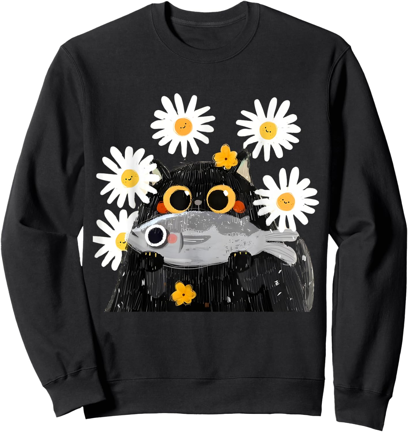 Cute Cat Holding Fish Cat Fish Lover Floral Cat Funny Kitty Sweatshirt - Sweatshirt | Black