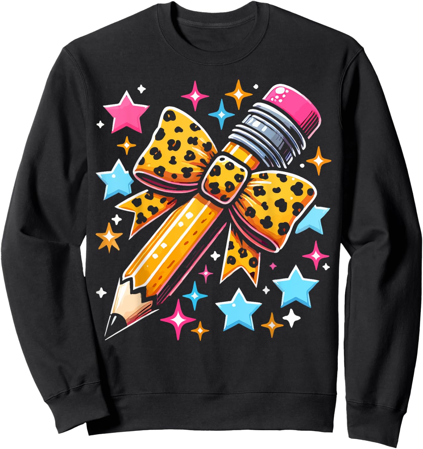 Pencil Leopard Coquette Bow Teacher Life Back To School Sweatshirt - Sweatshirt | Black