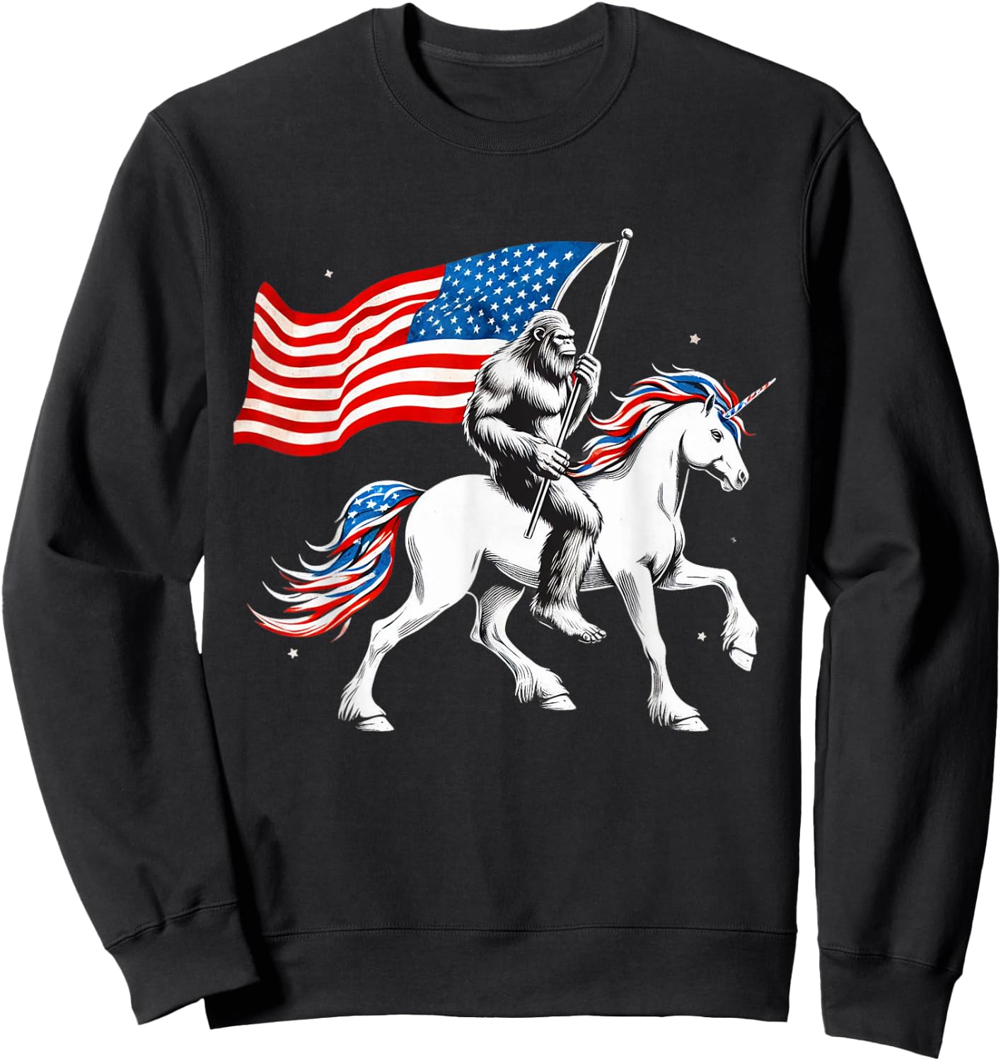 Patriotic Bigfoot Riding Unicorn 4th Of July Sasquatch Women Kids Men Sweatshirt - Sweatshirt | Black