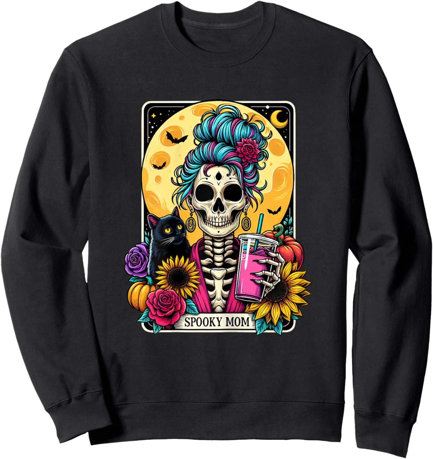 Spooky Mom Tarot Card Halloween Mom Skull Mama Black Cat Sweatshirt - Sweatshirt | Black