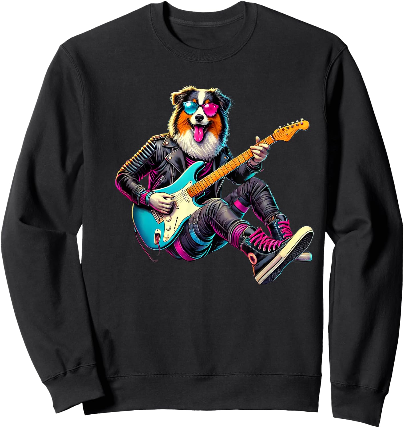 Australian Shepherd Electric Guitar Funny Dog Rock Band Pet Men Women Kids Sweatshirt - Sweatshirt | Black