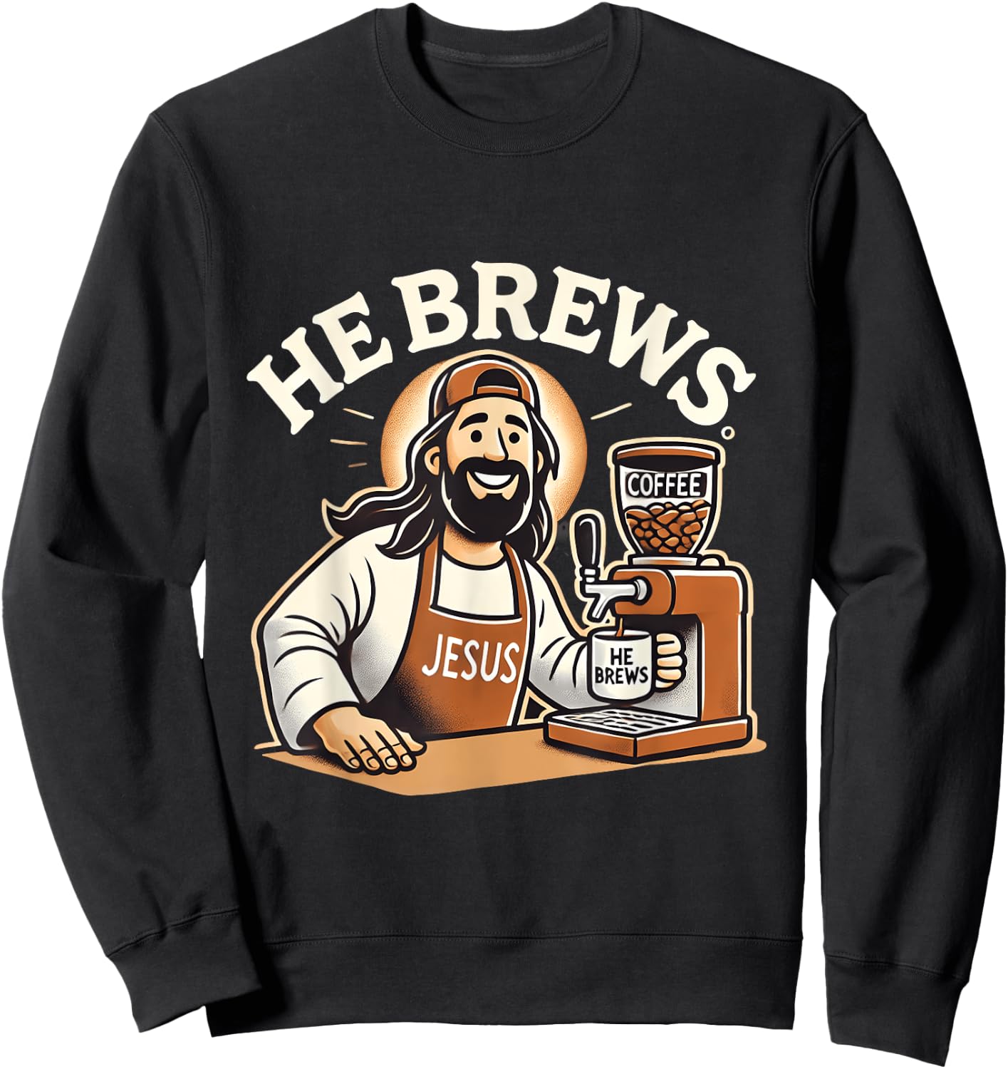 He Brews Coffee Jesus Cartoon Fun Christian Design Sweatshirt - Sweatshirt | Black