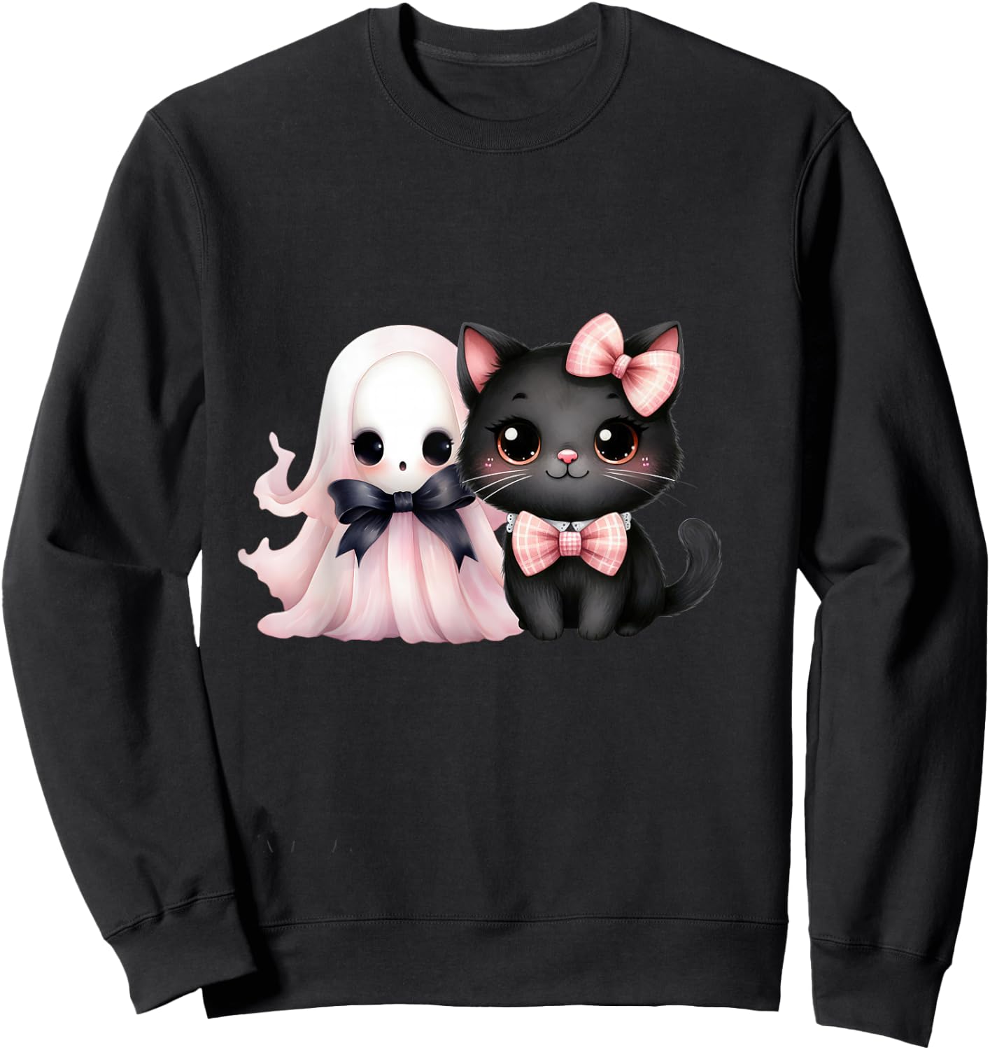Black Cat Pink Ghost Halloween Pink Bows Coquette Girl Women Sweatshirt - Sweatshirt | Black