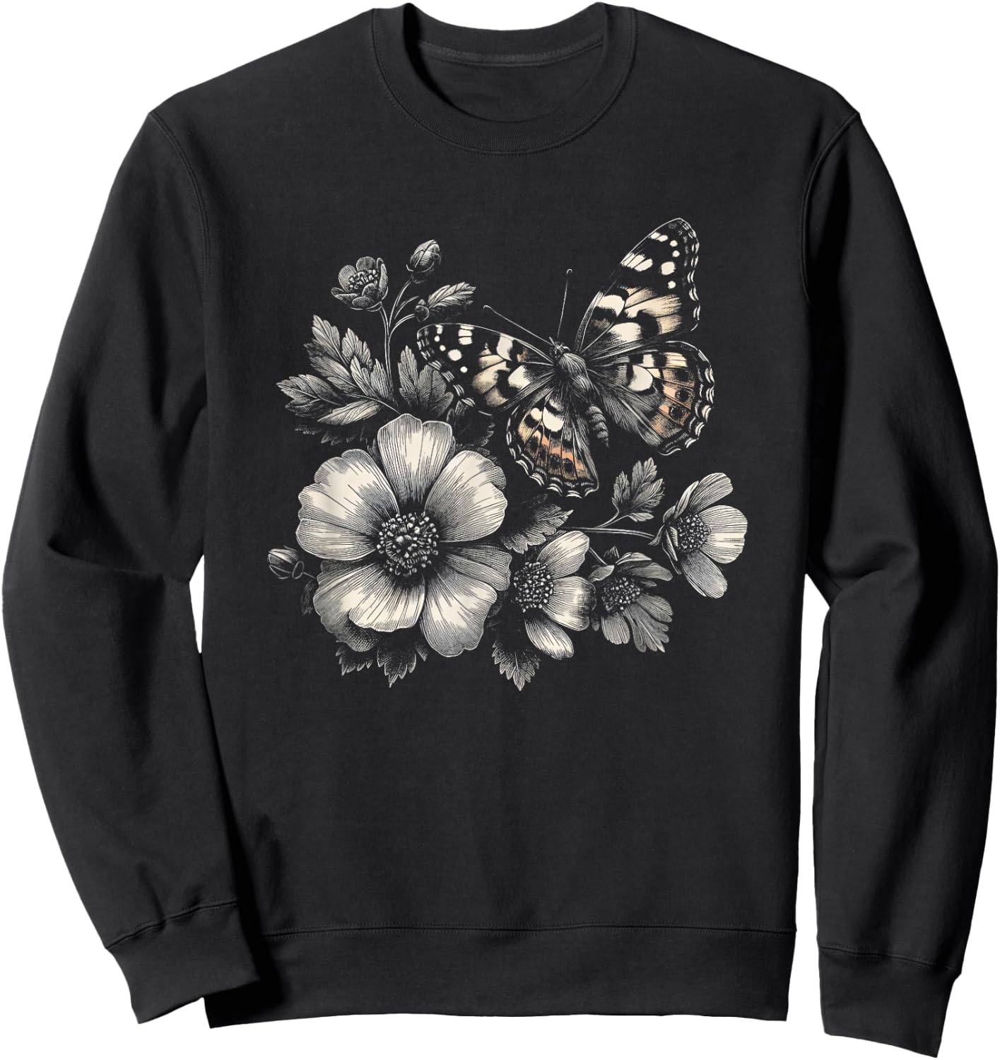 Butterfly with Flowers Graphic Art Design and Men Sweatshirt - Sweatshirt | Black