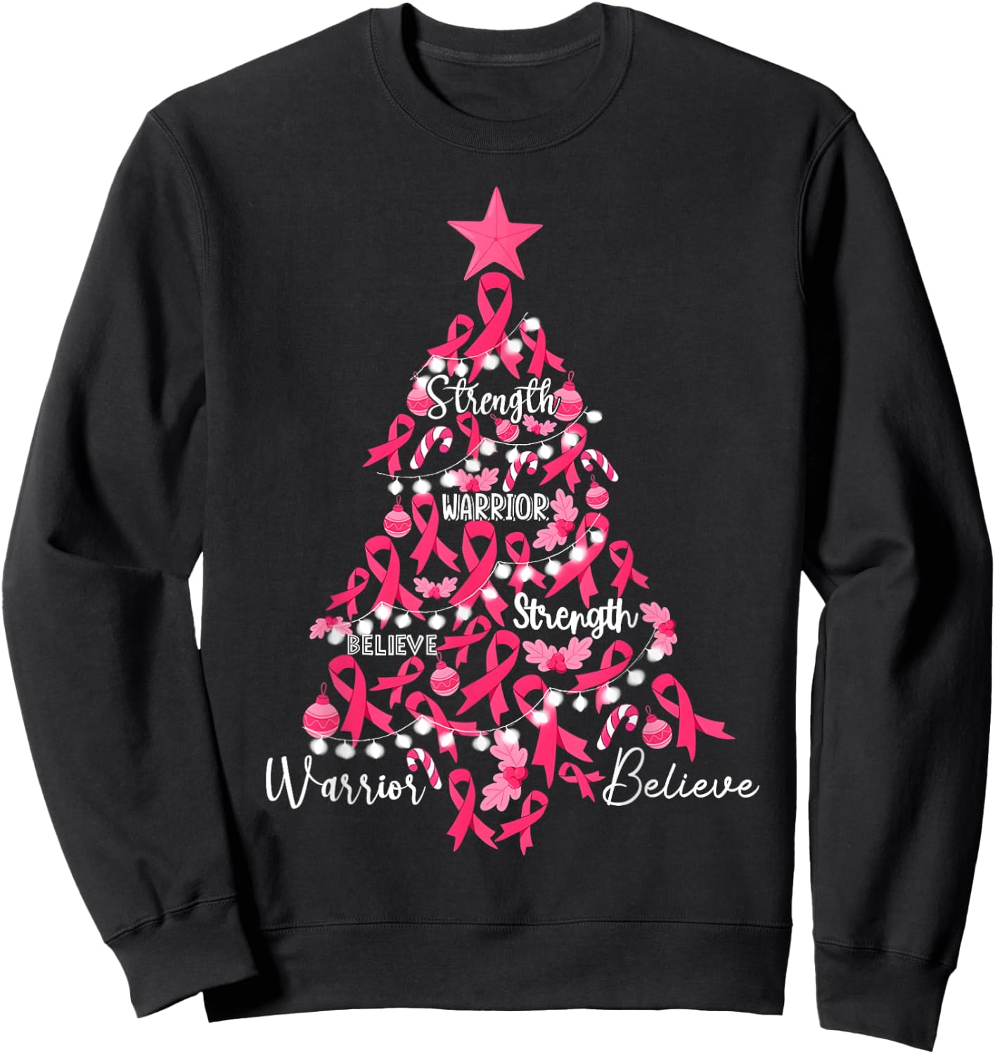 Breast Cancer Christmas Tree Pink Ribbon Fight Awareness Sweatshirt - Sweatshirt | Black