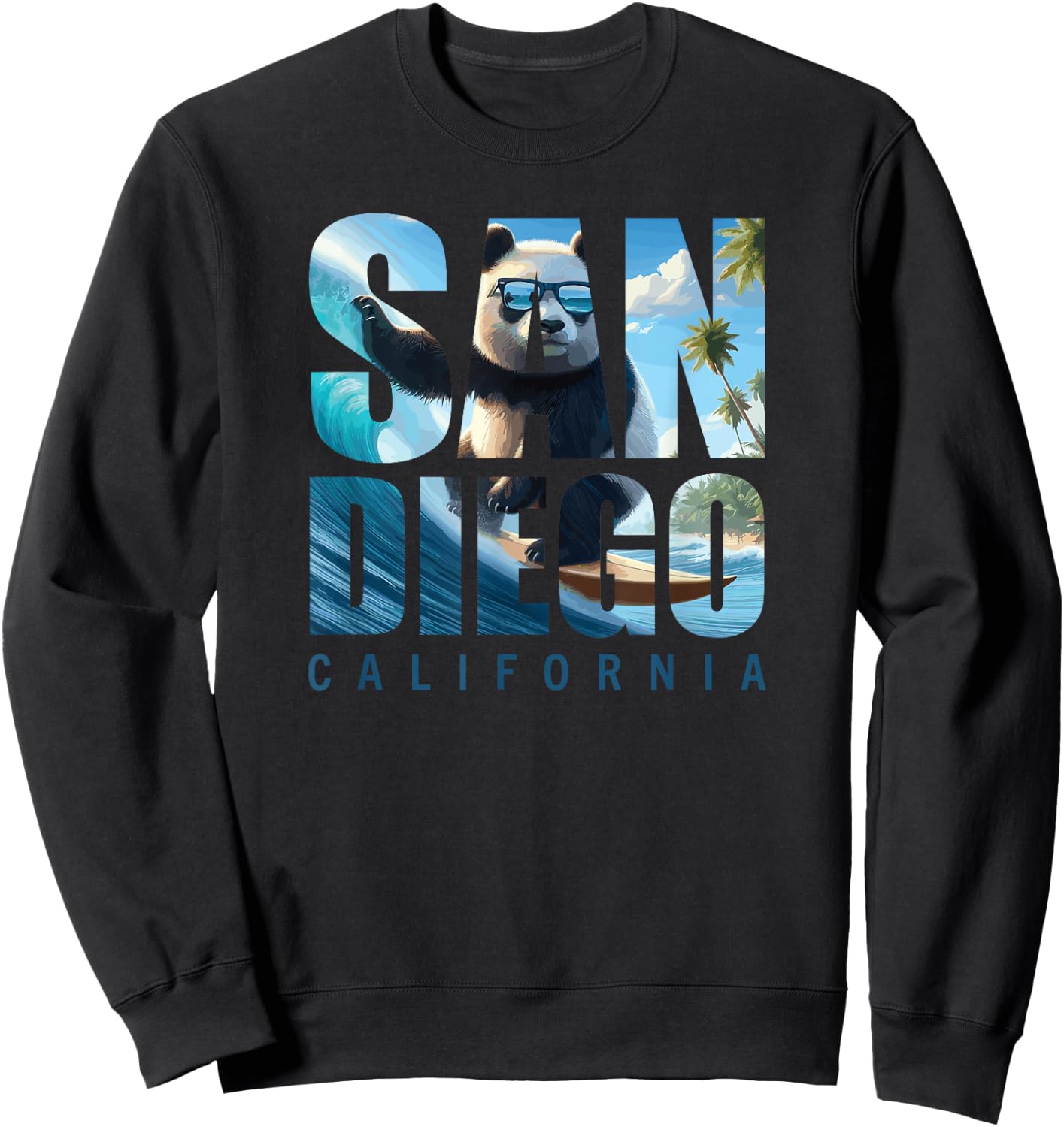 San Diego Panda Surfing California Beach Surf Women Girls Kids Sweatshirt - Sweatshirt | Black