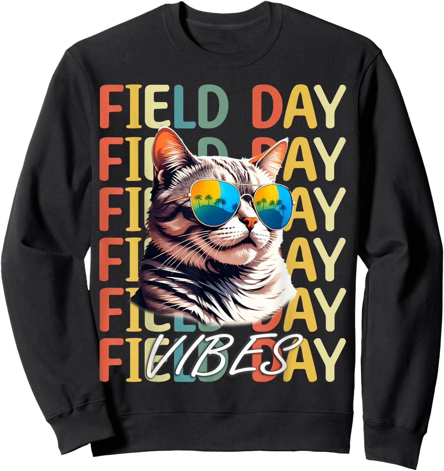 School field day Vibes Summer 2024 Retro Cat Teachers Kids Sweatshirt - Sweatshirt | Black