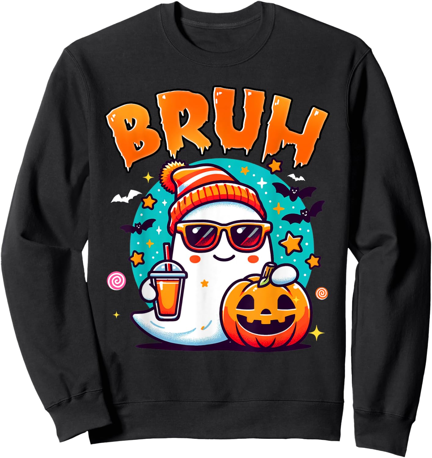 Bruh Ghost Halloween Cute Ghost Trick Or Treat Candy Kids Sweatshirt - Sweatshirt | Black