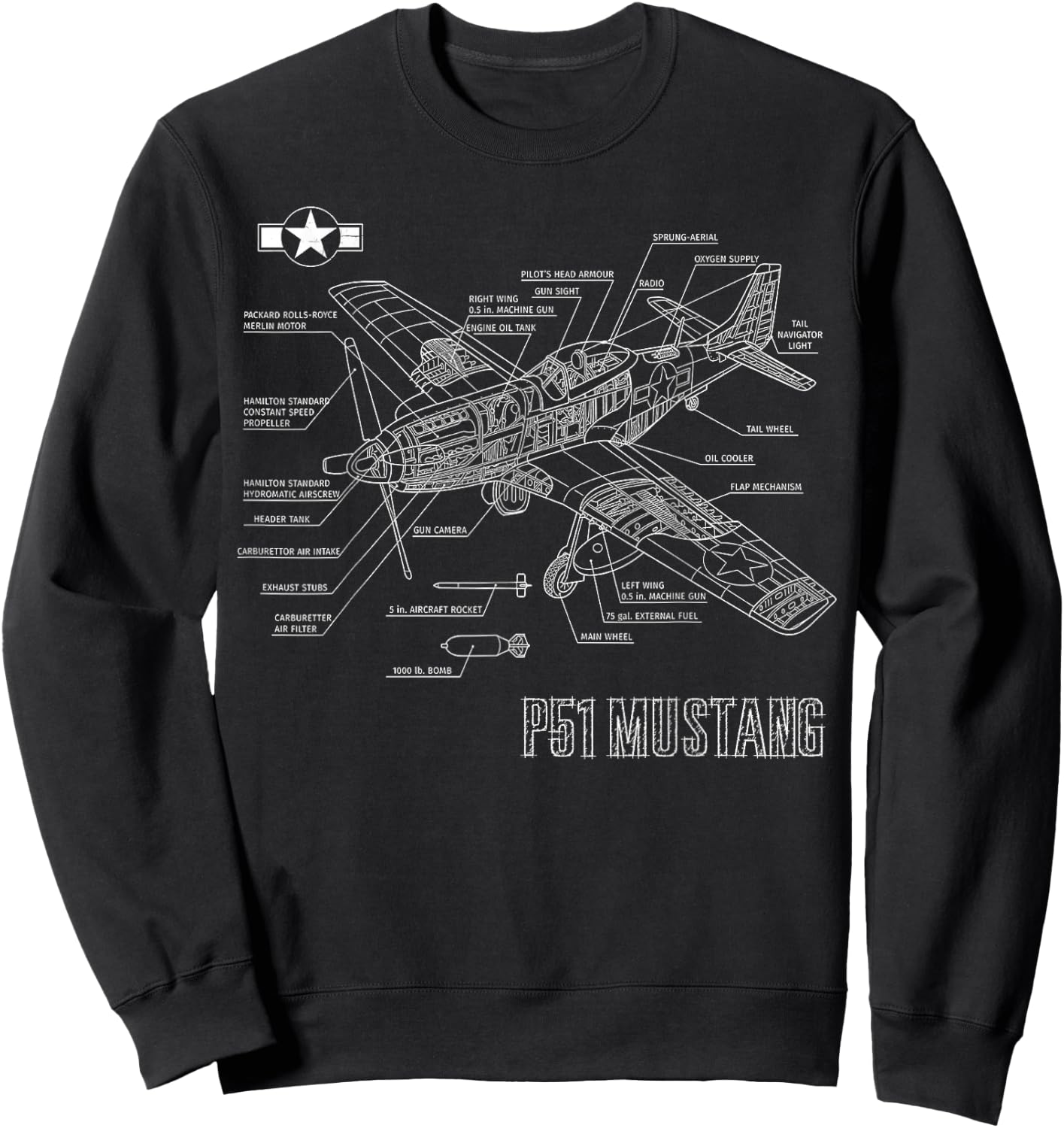 World War 2 American P51 Mustang Fighter Plane blueprint Sweatshirt - Sweatshirt | Black