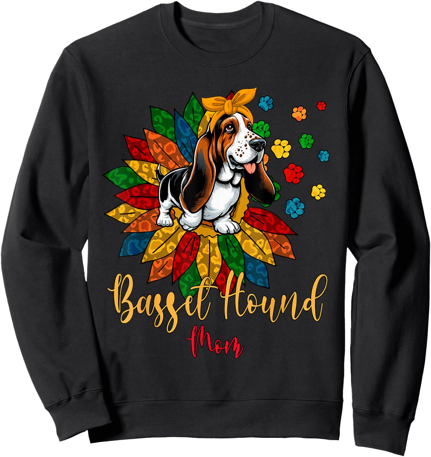 Basset Hound Mom Cute Colorful Leopard Sunflower Dog Paws Women Kids Sweatshirt - Sweatshirt | Black