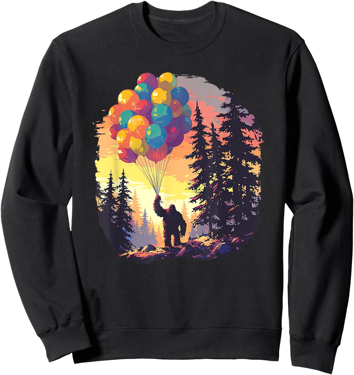 Bigfoot Forest Sunset Birthday Balloons Happy Bday Sasquatch Sweatshirt - Sweatshirt | Black